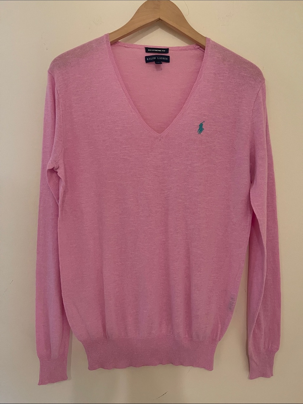 Polo Ralph Lauren Light Pink V-Neck Sweater with Teal Pony Logo Boyfriend Fit M